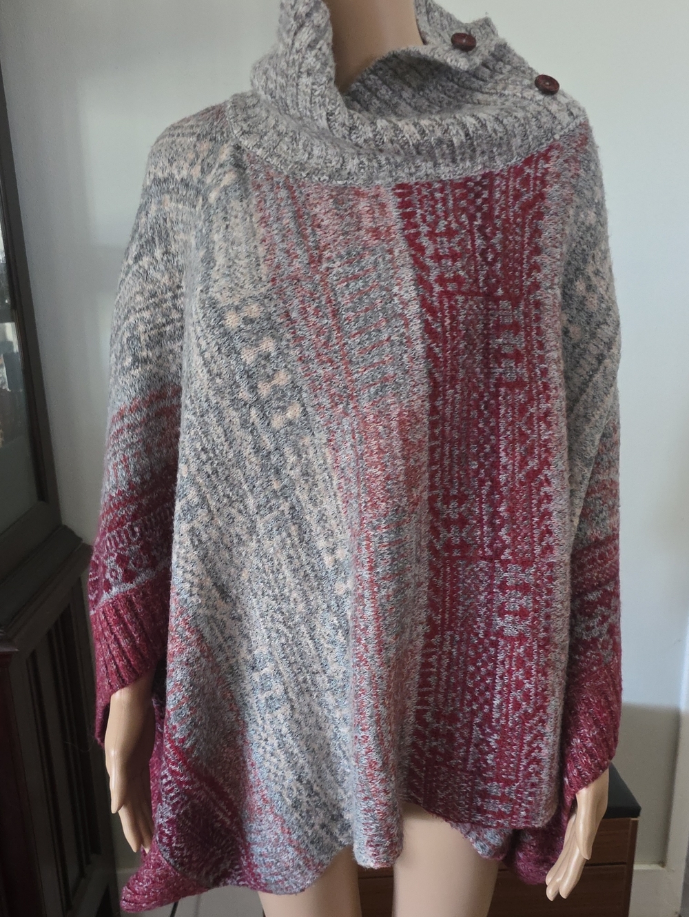 Free People Two-Tone Knit Poncho Sweater in Gray & Burgundy